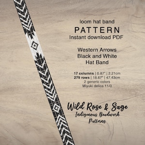 May include: A black and white beaded hat band with a Western arrow design. The pattern is for a loom hat band and is an instant download PDF. The band is 2.21 cm wide and 47.43 cm long.