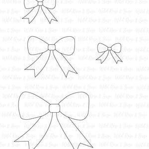 May include: Four black and white outline drawings of bows of different sizes. The bows are arranged in a vertical column, with the largest bow at the top and the smallest bow at the bottom.