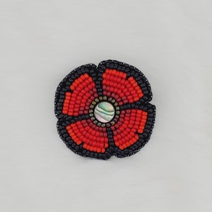 Red beaded Poppy brooch pin for remembrance day veterans day shell center | remembrance poppy | poppy flowers | abalone shell | Native made