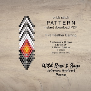 May include: A digital pattern for a Fire Feather Earring in brick stitch. The design features a flame pattern in red, orange, and black, with white and black accents. The pattern is 1.19cm x 3.90cm and includes 6 colours.