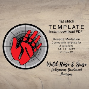 May include: A circular design with a red handprint at the center, surrounded by concentric gray rings. The text reads "TEMPLATE" and "Instant download PDF". The design is for a "Rosette Medallion" with 4.5" and 5" variations.