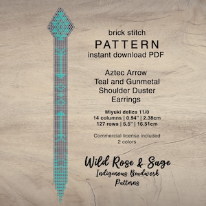 Aztec pattern Shoulder duster earring seed bead fringe | Brick stitch delica seed beaded pattern | indigenous western fringe earring teal