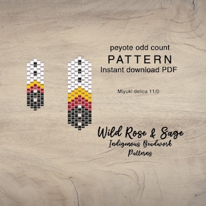 Könnte beinhalten: Zwei Perlenmuster in Weiß, Gelb, Rot und Schwarz. Der Text lautet "peyote odd count PATTERN Instant download PDF" und "Wild Rose & Sage Indigenous Beadwork Patterns". Die Muster sind mit Miyuki Delica 11/0 Perlen gefertigt.