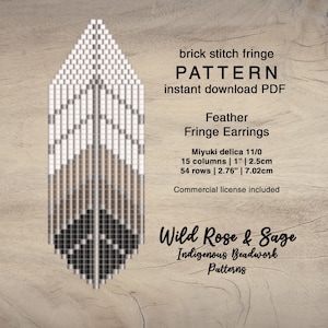 May include: A digital pattern for feather fringe earrings, featuring a brick stitch design in white, brown, and black beads. The image includes text stating "Feather Fringe Earrings" and "Wild Rose & Sage Indigenous Beadwork Patterns."