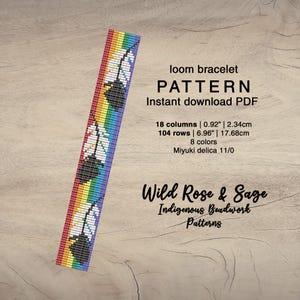May include: A loom bracelet pattern featuring a rainbow background with black and white feathers. The pattern is for a bracelet that is 0.92 inches wide and 6.96 inches long. The pattern is made with Miyuki delica 11/0 beads and uses 8 colors. The pattern is called "Wild Rose & Sage" and is an Indigenous Beadwork pattern.