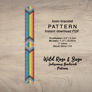 May include: A loom bracelet pattern for a colorful beaded bracelet with a geometric design. The pattern is for a 7.17 inch bracelet using 11 colors of Miyuki delica beads. The pattern is called "Wild Rose & Sage" and is an Indigenous Beadwork pattern.