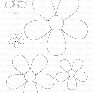 May include: Four black and white outline drawings of simple daisy flowers. The flowers have five petals and a circle in the centre.