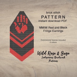 Pode incluir: Um padrão digital para brincos de franja MMIW vermelhos e pretos. O design apresenta um padrão geométrico com ponto de tijolo vermelho e preto. O texto na imagem diz "brick stitch PATTERN instant download PDF" e "Wild Rose & Sage Indigenous Beadwork Patterns."