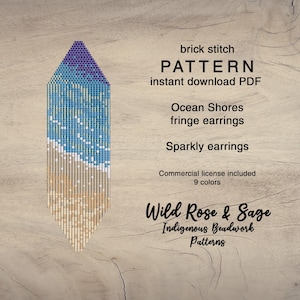 May include: Brick stitch beading pattern for ocean-themed fringe earrings. The pattern features a beach scene with blue waves, white foam, and tan sand. The pattern is for 9 colours and includes a commercial licence. The pattern is available as an instant download PDF from Wild Rose & Sage Indigenous Beadwork Patterns.