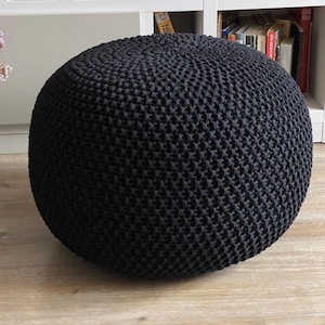 Knitted black pouf stuffed, Crochet decor cushion, Ottoman, Nursery decor, Knit pouf, Large ottoman, Kids pouf, Modern black pouf image 1