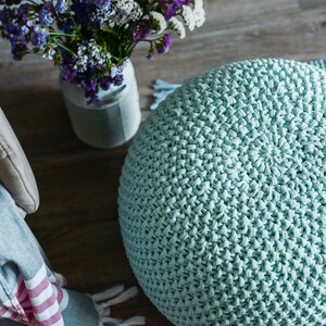 Light green knit pouf, Handmade pouf, Crochet round footstool, Knit large pouf, Floor ottoman, Pale mint large ottoman image 8