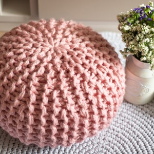 Knitted pink pouf, Wool pouf crochet, Stuffed floor pouf, Round ottoman, Pouf chair, Crochet pouf, Available in 19 colors and 12 sizes