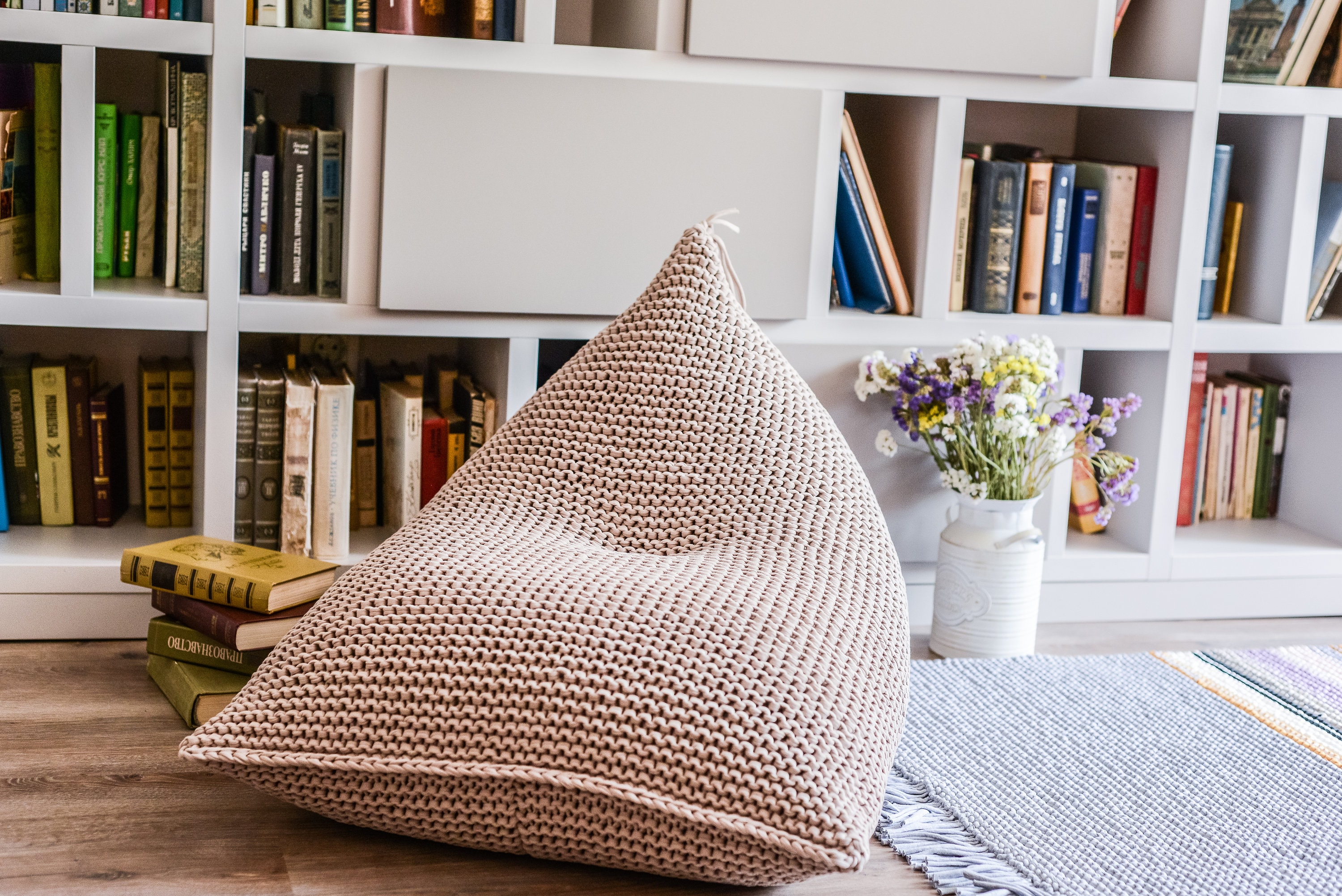 Knit beige beanbag chair Lounger bean bag chair Crochet pouf Etsy