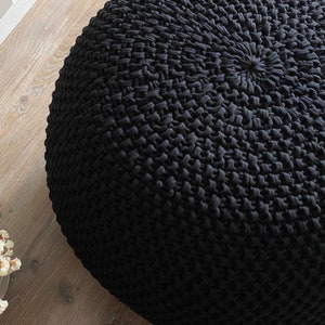 Knitted black pouf stuffed, Crochet decor cushion, Ottoman, Nursery decor, Knit pouf, Large ottoman, Kids pouf, Modern black pouf image 3
