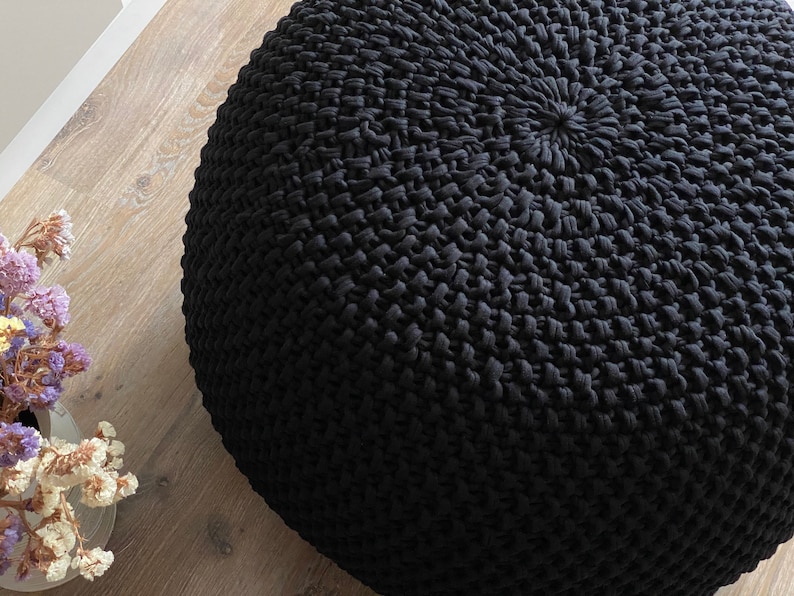 Knitted black pouf stuffed, Crochet decor cushion, Ottoman, Nursery decor, Knit pouf, Large ottoman, Kids pouf, Modern black pouf image 3