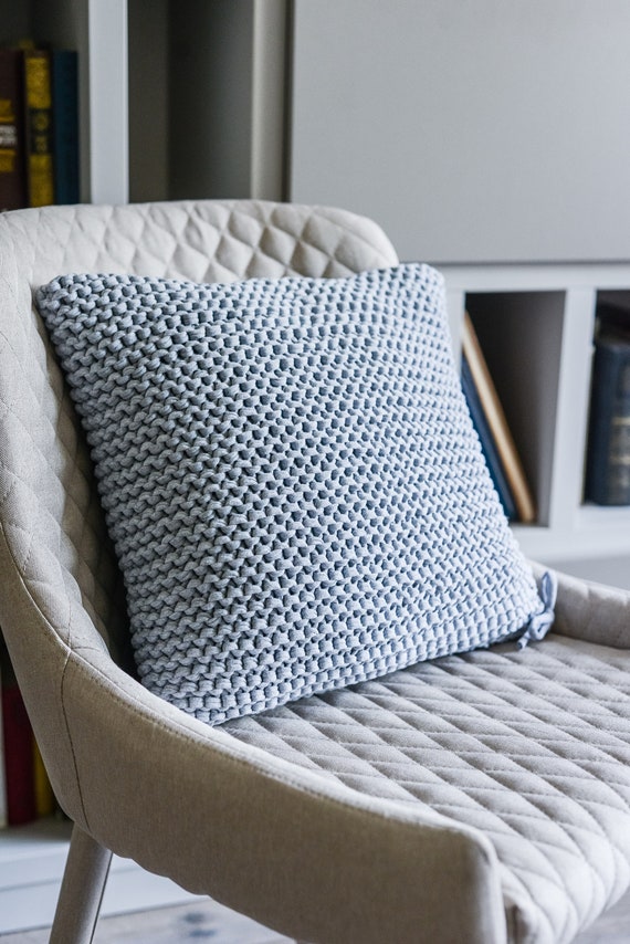 Knitted Gray Throw Pillow Cover Chunky Crochet Pillow Cushion Etsy