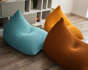 Poltrona a sacco per adulti, Poltrona a sacco Lounge senape/grigio, Seduta lavorata a maglia, Pouf, Poltrona a sacco lavorata a maglia, NON IMBOTTITA