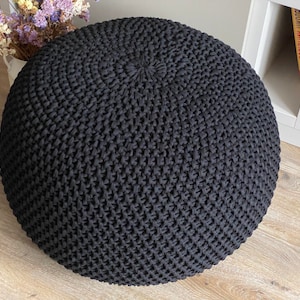 Knitted black pouf stuffed, Crochet decor cushion, Ottoman, Nursery decor, Knit pouf, Large ottoman, Kids pouf, Modern black pouf image 2