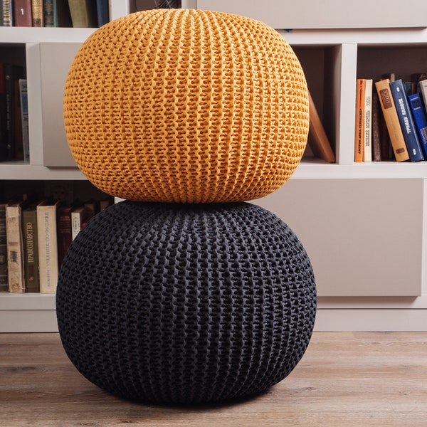 Handgefertigter Pouf Ottoman, Graphit/Senf Pouf, Gehäkeltes Bodenkissen, Gestrickter Ottoman Pouf, skandinavischer Pouf, Großer Pouf