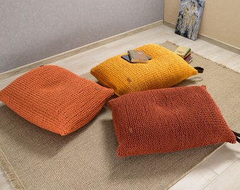 Brick orange lounge chair, Floor sofa copper, Unique mustard chair, Large floor pillow, Own yarn production 37colors Filled Ready for use