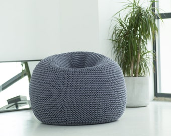 Dark gray beanbag chair, Floor cushion, Knitted floor pillow, Chair for living room/nursery, Minimalist lounge chair, Gray knitted chair