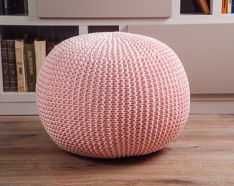 Knit unstuffed pink/white pouf ottoman Crochet floor rose pillow Knitted pouf Footstool Nursery decor Scandinavian pouf Furniture