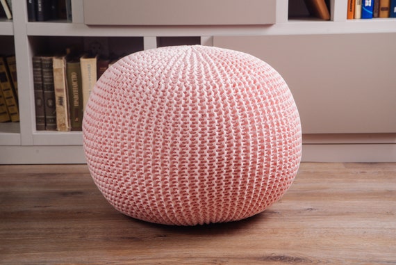 Knit Unstuffed Pink/white Pouf Ottoman Crochet Floor Rose Pillow Knitted  Pouf Footstool Nursery Decor Scandinavian Pouf Furniture 