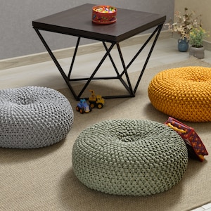 Mustard floor cushion, Knitted round floor seating, Crochet seat cushion, Indoor seating pad, Tufted cushion, Relax pillow, Round floor pad