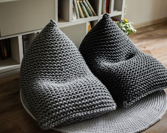 Lounge bean bag chair, Reading chair, Knitted interior gray chair for kids/adult, Housewarming gift