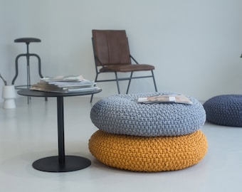 Gray futon cushion, Knitted round floor pillow, Meditation cushion, Crochet seating pad, Crochet sofa cushion, Gray round floor pillow