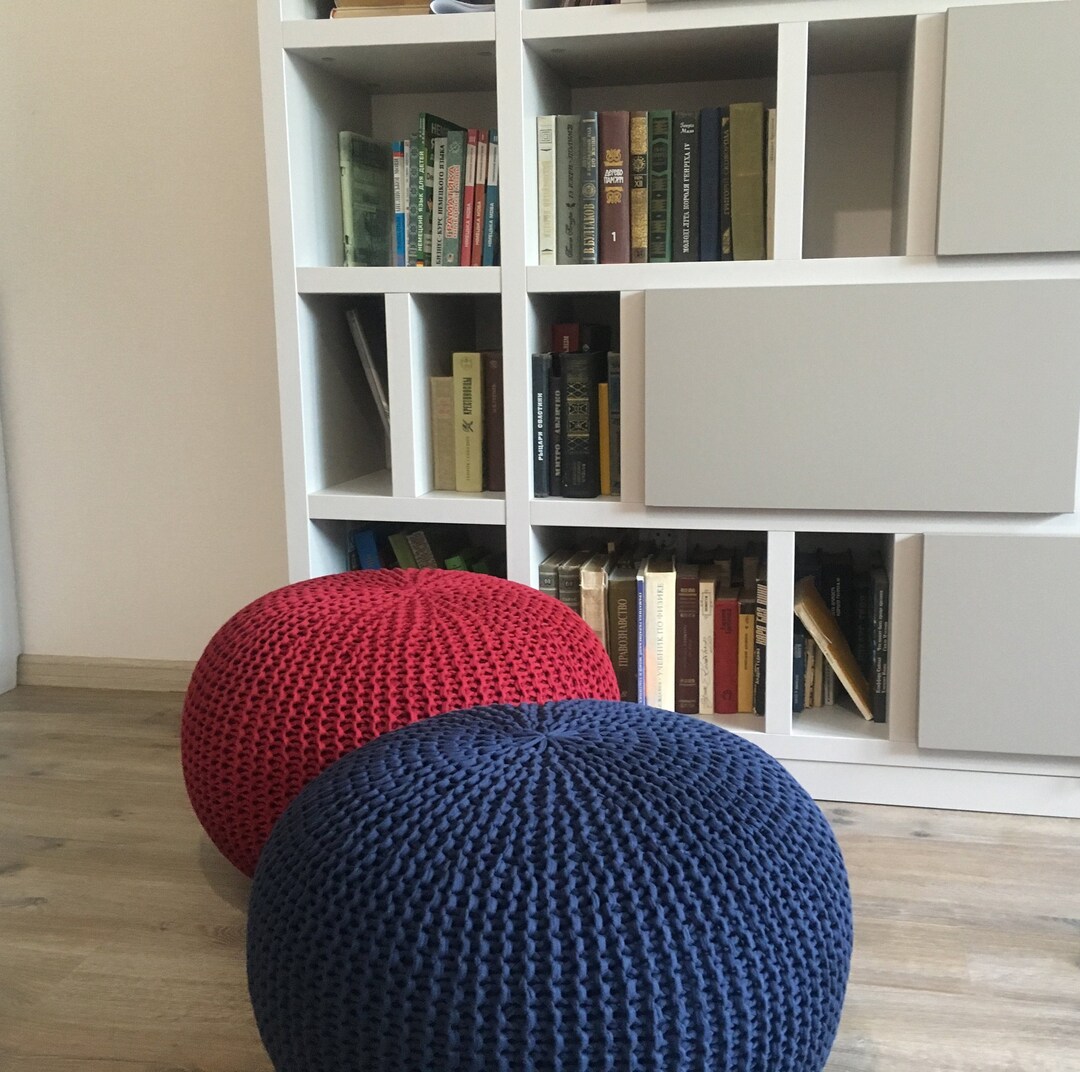 Crochet Blue/sapphire Pouf, Round Stuffed Ottoman, Large Knitted Pouf