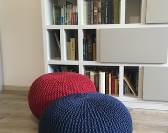 Crochet blue/sapphire pouf, Round stuffed ottoman, Large knitted pouf, Ottomans, Floor pouf, Nursery pouf, Round footstool Knitted pouf