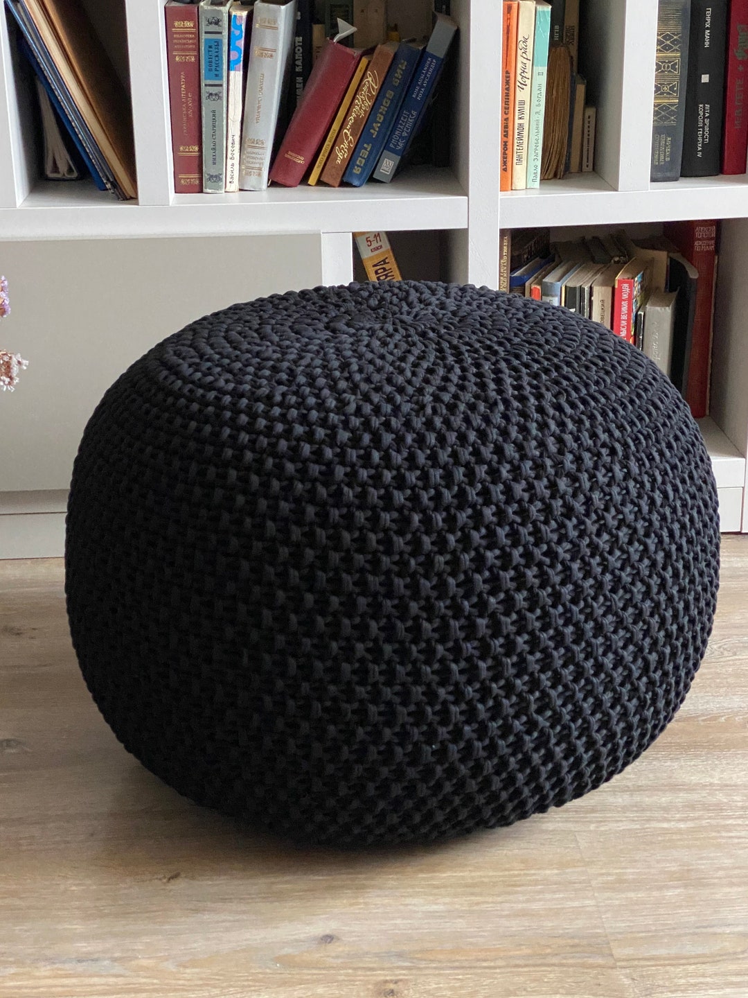 Knitted Black Pouf Stuffed, Crochet Decor Cushion, Ottoman, Nursery ...