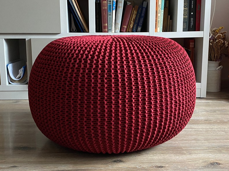 Knitted large bordeaux pouf, Chunky ottoman, Stuffed pouf, Lounge chair, Nursery pouf, Crochet pouf, Large pouf, Size and color choice image 9