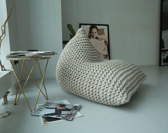 Cream Knitted Wool Chair, Adult Beanbag Chair, Crochet Floor