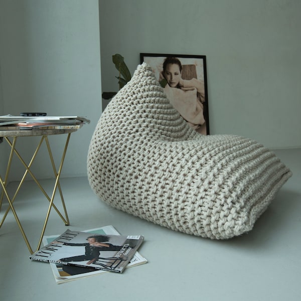 Cream knitted wool chair, Adult beanbag chair, Crochet floor cushion, Chair for nursery/bedroom, Living room chair, Large bean bag chair