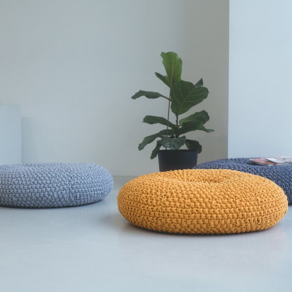 Mustard floor cushion, Knitted round floor seating, Crochet seat cushion, Indoor seating pad, Tufted cushion, Relax pillow, Round floor pad