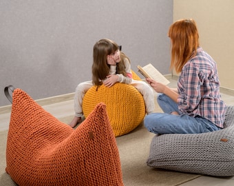 Mustard lounge chair, Floor sofa orange, Unique chair, Large floor pillow, Bean bag chair, Own yarn production 37colors Filled Ready for use