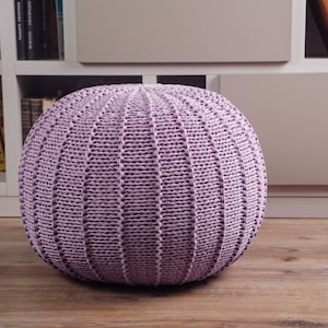 Knitted lavender pouf, Purple crochet ottoman, Violet floor pillow, Round footstool, Nursery decor, Floor cushion, Large lavender pouf