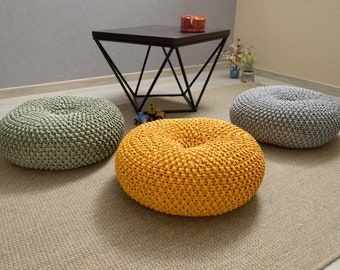 Knitted olive floor pillow, Filled, Ready to use, 38 colors, 60 cm (24'') in diameter, 16 cm (7'') in height, 100% cotton