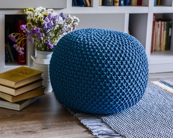 Pouf a maglia grosso, pouf Indigo, cuscino da pavimento, pouf grande e piccolo, arredamento dell'asilo nido, cuscino grande, poggiapiedi, arredamento dell'asilo nido, pouf scandinavo