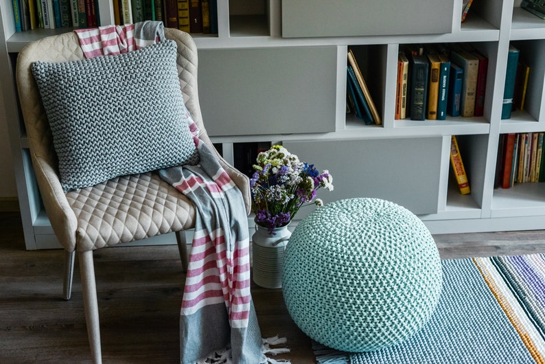 Light green knit pouf, Handmade pouf, Crochet round footstool, Knit large pouf, Floor ottoman, Pale mint large ottoman image 3
