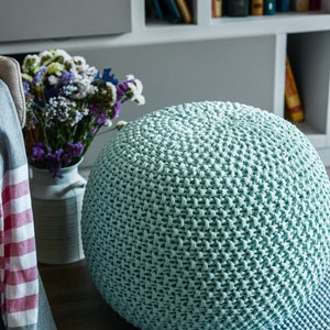 Light green knit pouf, Handmade pouf, Crochet round footstool, Knit large pouf, Floor ottoman, Pale mint large ottoman image 1