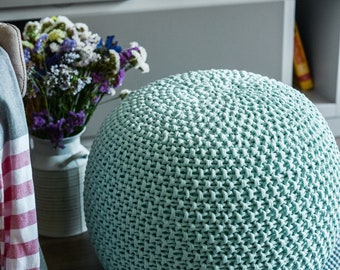 Light green knit pouf, Handmade pouf, Crochet round footstool, Knit large pouf, Floor ottoman, Pale mint large ottoman