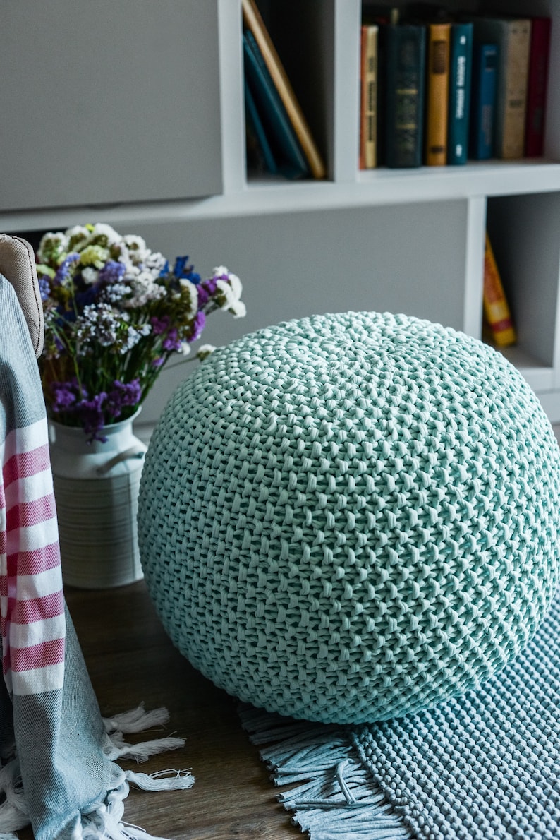 Light green knit pouf, Handmade pouf, Crochet round footstool, Knit large pouf, Floor ottoman, Pale mint large ottoman image 1