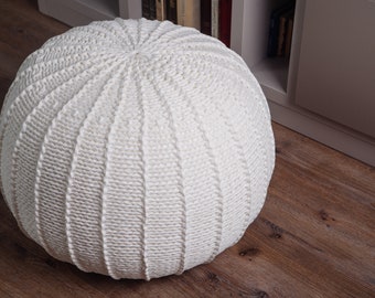 Milky white knitted pouf, Crochet white ottoman, Floor pillow for kids, Knitted ottoman pouf, Footstool, Nursery decor, Scandinavian cushion