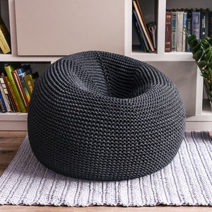 Giant bean bag chair with filling, Knit graphite bean bag chair transformer, Kids bean bag chair, Adult floor pillow, Knitted floor seat