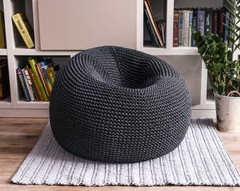 Giant bean bag chair with filling, Knit graphite bean bag chair transformer, Kids bean bag chair, Adult floor pillow, Knitted floor seat