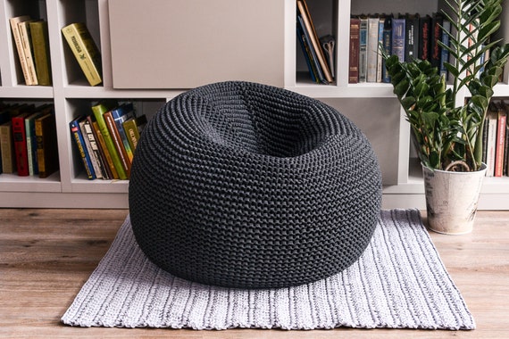 Giant Bean Bag Chair With Filling, Knit Graphite Bean Bag Chair  Transformer, Kids Bean Bag Chair, Adult Floor Pillow, Knitted Floor Seat 