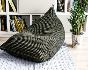 Khaki bean bag chair, Floor cushion, Classic green lounger bean bag chair for adults, Living room chair, Natural cotton